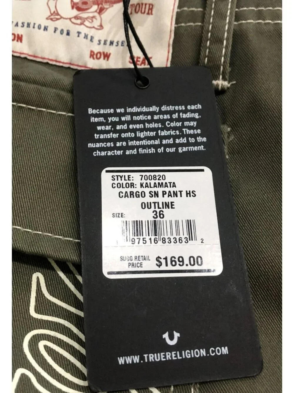 True Religion Mens Size 36x32 Green Stitch Cargo Jeans New with $169 Tags
